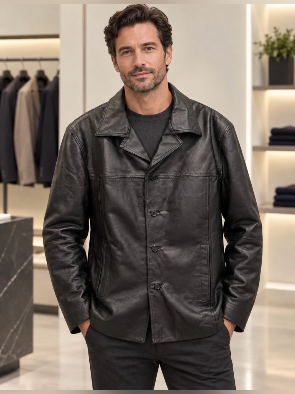 Architect Black Leather Button-Front Men's Jacket size xl